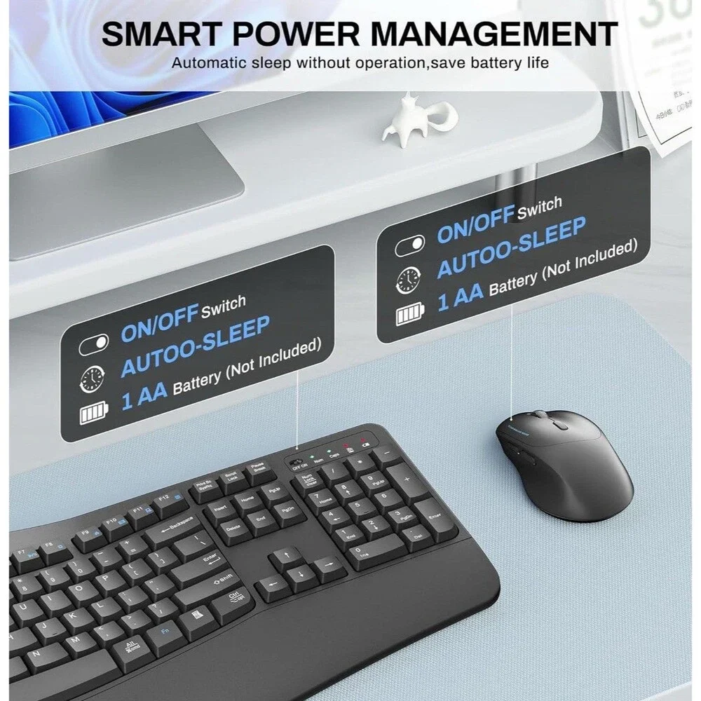 Wireless Keyboard and Mouse Combo,2.4G Full Size Wave Keys Ergonomic Keyboard